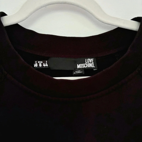 Love Moschino Black Sweatshirt dress love satin patch lace short sleeves Size 8 - Picture 4 of 8